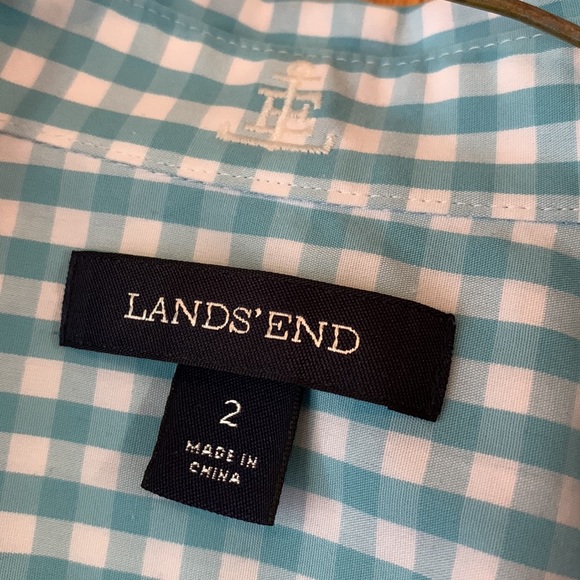 New Lands’ End size 2 aqua blue white button down shirt blouse gingham plaid - Picture 4 of 7